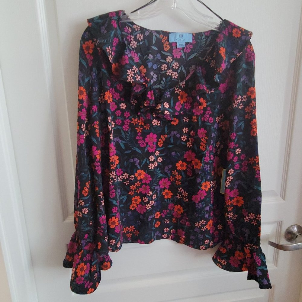 CeCe Black and Fall Colors Floral Long Sleeve Blouse Ruffles L NWT